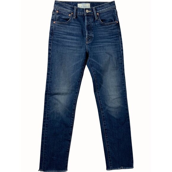Mother Superior Distressed Embroidered Straight Leg Blue Denim Jeans Raw Hem 0 - Picture 1 of 12